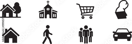 Set of eight black pictograms including houses, church, shopping cart, and people on white