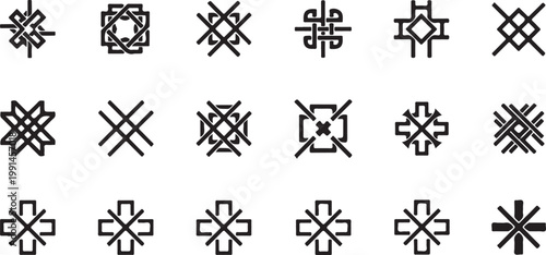 Set of fifteen intricate geometric cross symbols and abstract knot patterns in black on white