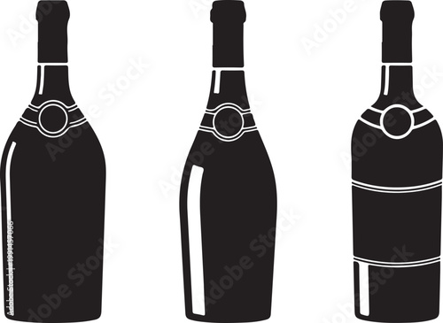 Three black silhouette wine and champagne bottles with labels isolated on white background