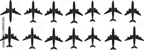 View silhouette of various airplane models on white background