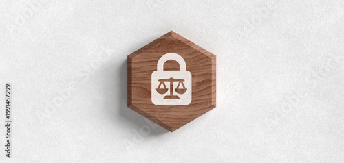 Wooden hexagonal icon with a padlock and scales of justice symbol representing legal security, compliance, and data protection on textured white background