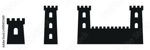 Medieval castle tower and fortress wall silhouettes showing ancient defensive architecture icon set for historical designs
