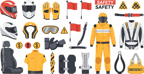 Racing Safety Gear and Equipment Vector Set with Helmet, Gloves, Suit, Harness, Flags, and Protective Accessories for Motorsport and Driver Protection Design