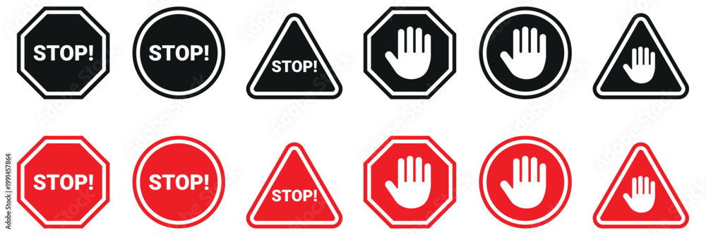 Fototapeta premium Vector collection of red and black stop signs and hand symbols in octagonal circular and triangular shapes