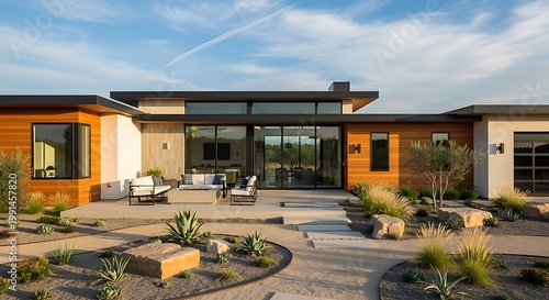 Modern luxury house exterior with clean lines natural wood accents and drought-tolerant landscaping perfect for real estate or architectural design