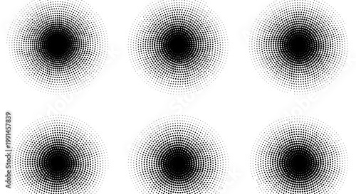 Radial halftone vortex dots pattern set with concentric circles for modern graphic background and logo design