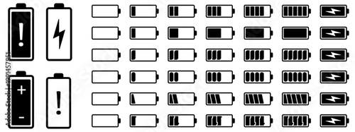 Vector set of battery charge level indicator, from low to full bar for mobile design. Electricity power sign.