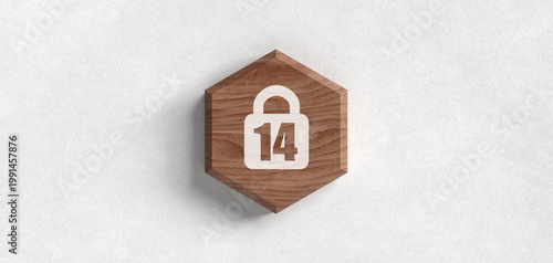 3D render of a wooden hexagon icon with a lock symbol and number 14 for age rating restrictions or content warnings on a white textured background
