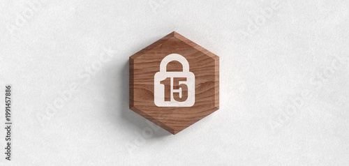 3D Render of a wooden hexagonal icon with a padlock symbol and the number 15, representing age restriction, parental control, or security limit on a white background