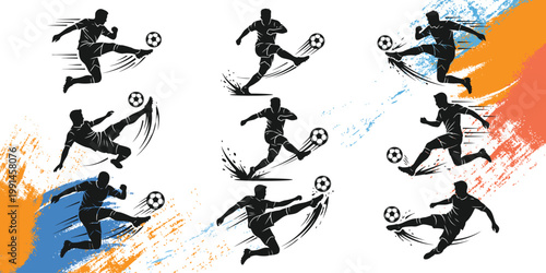 Soccer player silhouettes in motion on colorful background