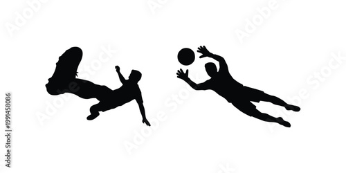 Two black silhouettes of volleyball players jumping isolated on white background