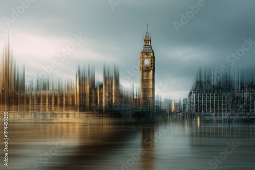 Iconic clock tower and building facade with watery reflection.