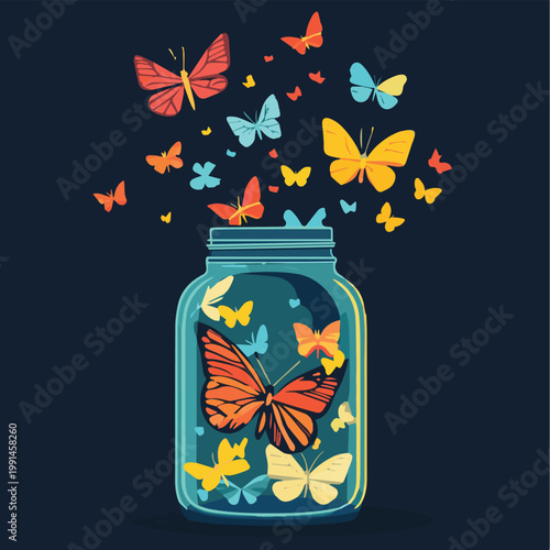 A colorful array of butterflies escaping from a jar, symbolizing freedom and beauty in nature.
