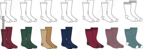 Colorful socks set collection, ankle and crew styles, front and side views, casual footwear apparel outline template – vector illustration