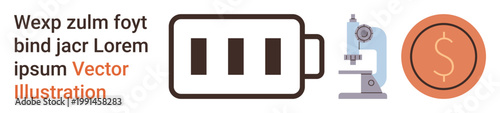 Technology innovation, energy storage, research tools, economic analysis, scientific progress, renewable energy. Battery icon, microscope graphics and coin illustration. Technology innovation