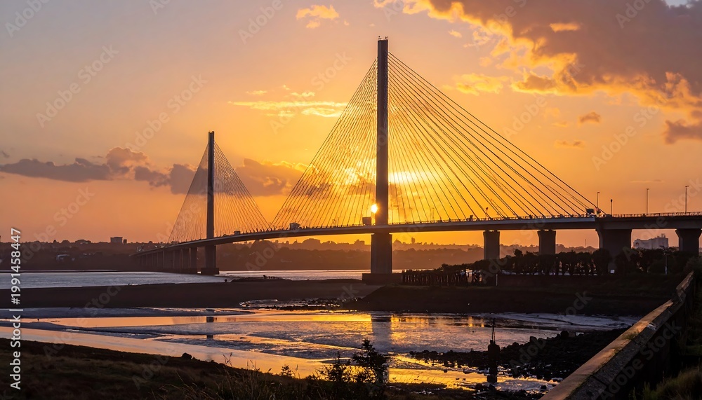 Fototapeta premium A majestic suspension bridge stretches across the water. The sunset bathes the scene in warm orange tones, with fluffy clouds