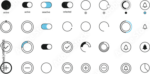 Minimal UI Control Icons Set with Toggle Switches, Loaders, Checkmarks, Notification Bells, and Circular Progress Indicators for App and Web Interface Design