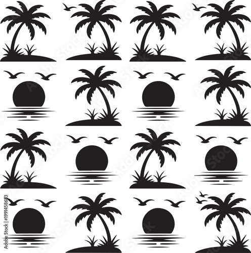 Repeating pattern of tropical palm trees and sunset scenes in a black and white silhouette style