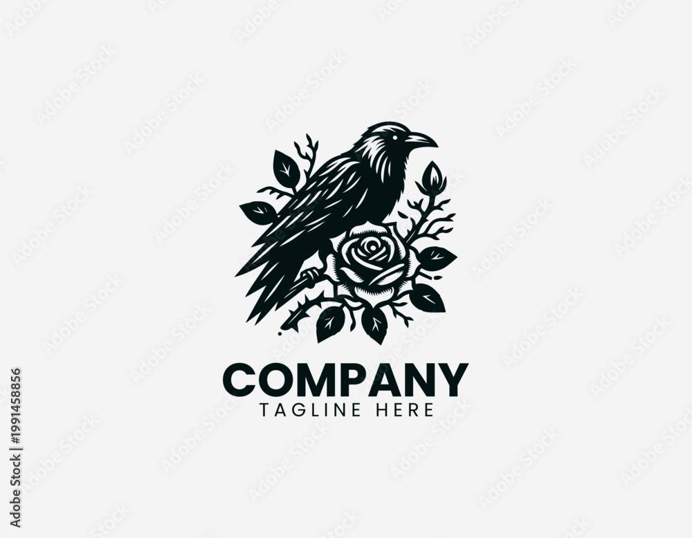Fototapeta premium Raven perched on thorny branch with rose in detailed elegant black vector logo design on white background
