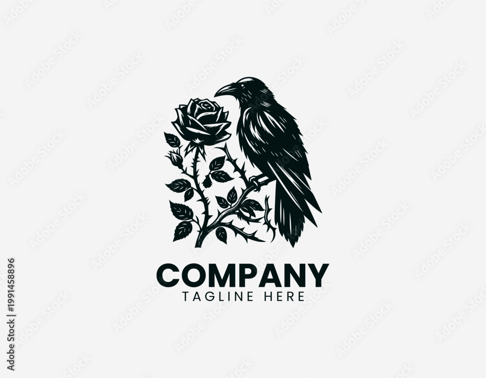 Fototapeta premium Raven perched on thorny branch with rose in detailed elegant black vector logo design on white background