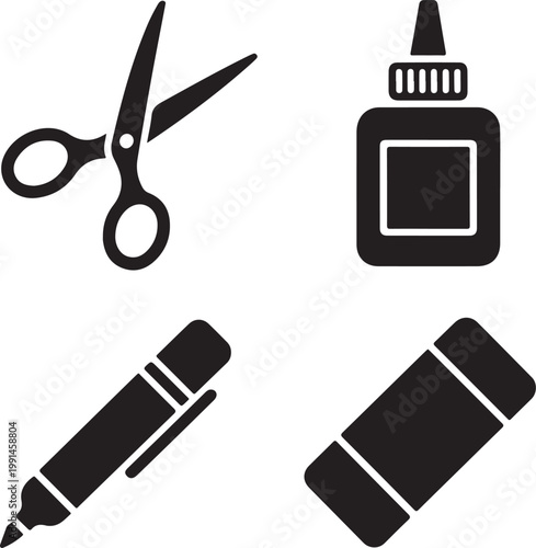 Set of black silhouette representing school supplies, scissors, glue, marker, and eraser