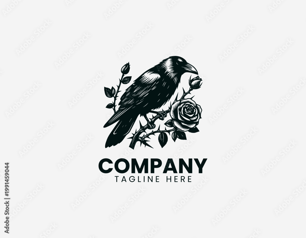 Fototapeta premium Raven perched on thorny branch with rose in detailed elegant black vector logo design on white background