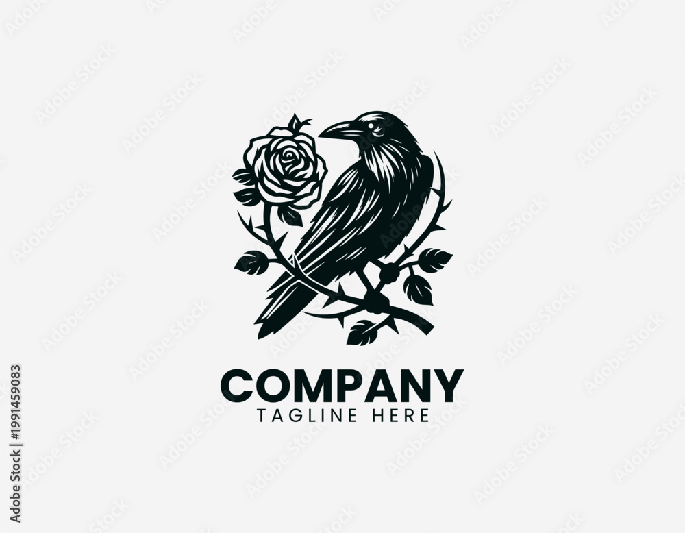 Fototapeta premium Raven perched on thorny branch with rose in detailed elegant black vector logo design on white background