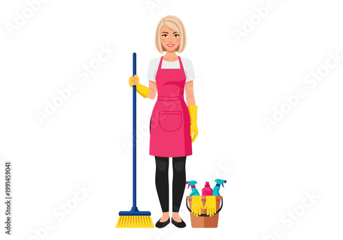 Professional Cleaning Service Character: Female Housekeeper in Pink Apron with Broom and Bucket of Supplies Isolated on White