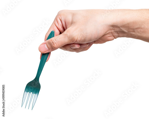 Male hand holding a green plastic fork isolated on white background with a clipping path.