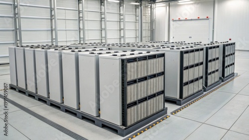 Battery storage units in modern facility, showcasing modular design and efficient energy management