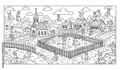 Easter village seek and find puzzle with hidden rabbits printable coloring worksheet for kids