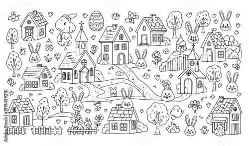 Easter seek and find coloring page with village landscape church and hidden bunnies printable kids activity