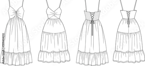 Boho style tiered maxi dress technical drawing set, front views, ruched bodice and lace-up back details, flowing skirt template – vector illustration