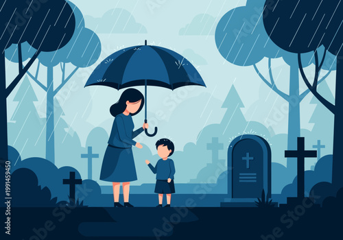 Grieving Mother and Son in a Cemetery Under an Umbrella in the Rain, Flat Vector Illustration of Loss and Mourning