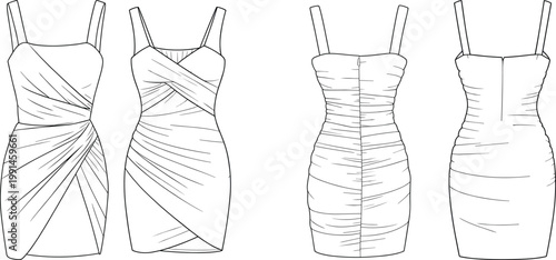 Chic ruched bodycon dress technical drawing, front and back views, spaghetti straps, fitted silhouette, fashion apparel template – vector illustration