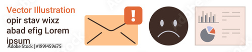 Email communication, warning notifications, frustration, emotional response, data analysis, business overview. Envelope icon with alert, sad face icon and chart graphic. Warning notifications