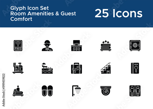 Hotel amenities glyph icon pack for accommodation platform. Facility symbols
