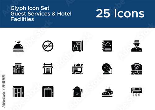 Hotel service solid icons for booking apps. Hospitality and guest comfort glyph symbols