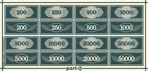 Vector set of dark green banknotes. Openwork guilloche pattern. Circles and wings. Denominations 200, 250, 500, 1000, 5000, 10000, 20000 and 50000. Note collection. Game money. Part 2