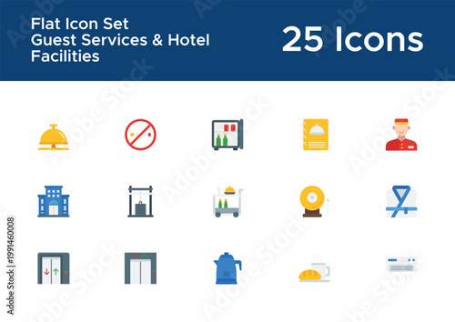 Hotel service flat icon set for hospitality apps. Guest services and room amenities flat design icons