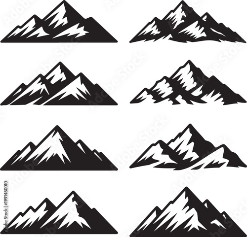 Set of eight black and white mountain peak silhouettes, isolated on a clean white background