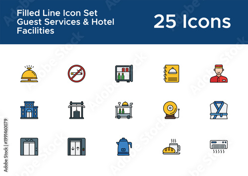 Hotel service filled line icon set for hospitality UI. Guest services and room amenities bold line icons
