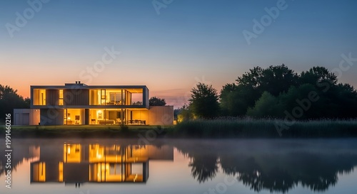 Modern luxury house with illuminated windows reflected in calm water at twilight surrounded by trees and mist