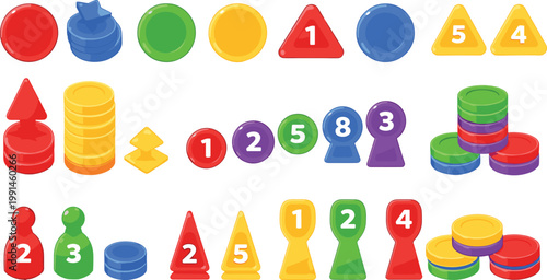 Colorful Board Game Pieces and Number Tokens Vector Set with Pawns, Chips, Cones, and Counters for Educational Games and UI Design