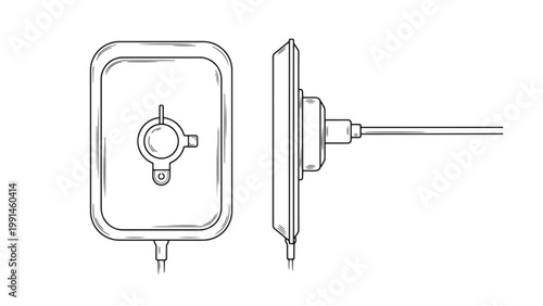 Detailed Line Art Illustration of a Medical Electrode Patch with Cable Connection, Presented in Front and Side Views for Healthcare Monitoring and Diagnostics.