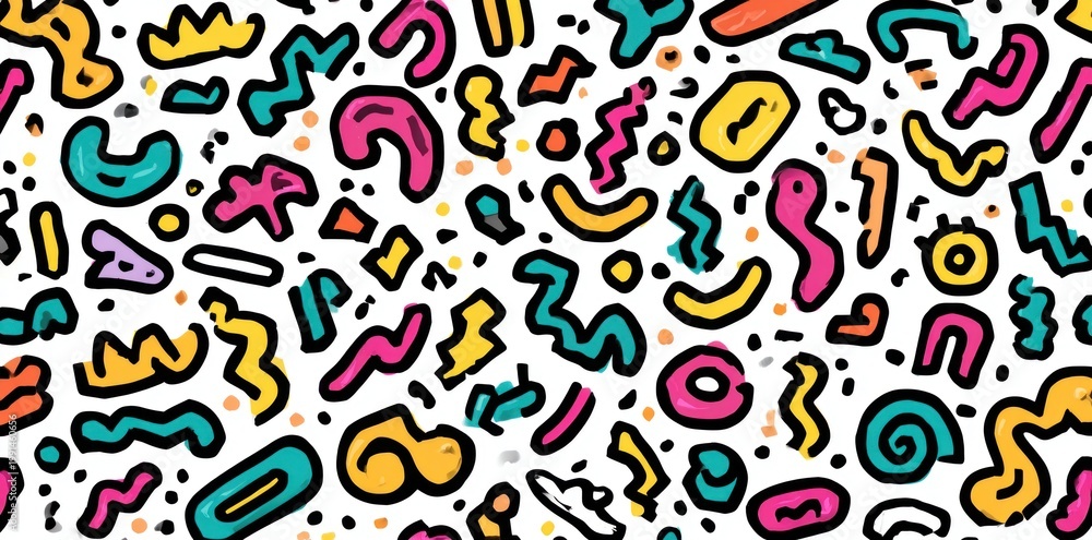 Obraz premium A vibrant, abstract pattern featuring colorful, playful shapes and lines on a white background.