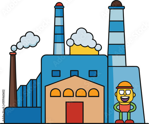 cartoon factory worker with industrial plant and smokestacks in bright daylight