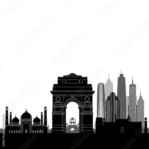 A black and gray vector graphic illustration of the New Delhi skyline with India Gate and modern skyscrapers