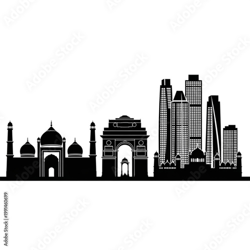 A black and white vector graphic illustration of the New Delhi city skyline featuring famous landmarks
