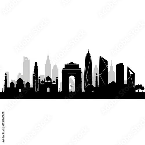A black and gray silhouette of a city skyline with modern and historic buildings